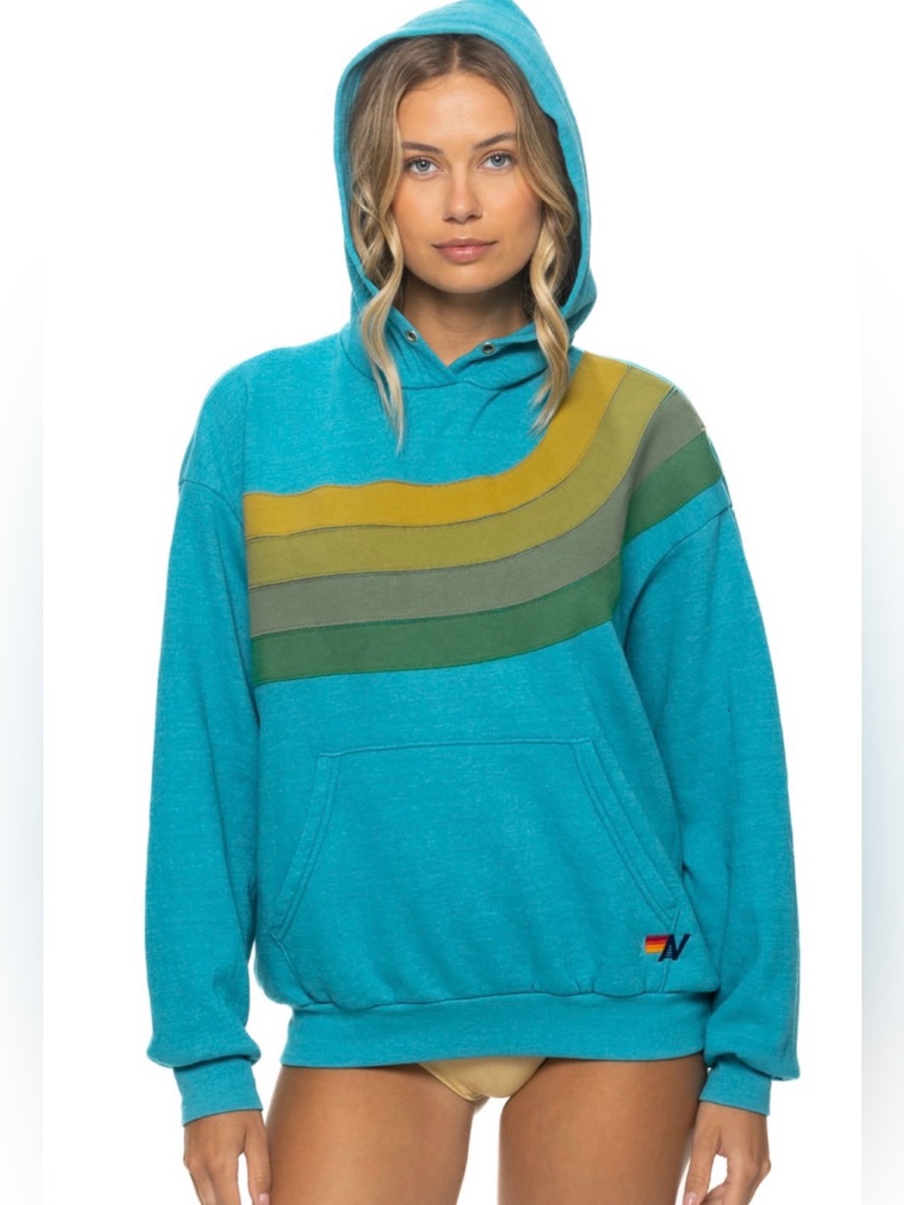 NEW Aviator Nation WAVE STRIPE 4 PULLOVER HOODIE RELAXED - TEAL GREEN Unisex M